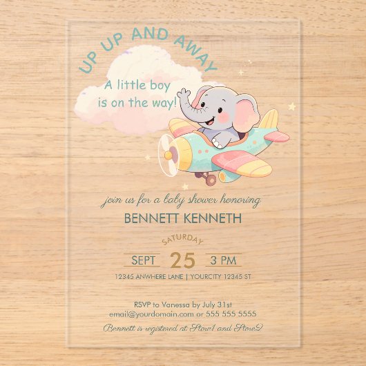 Watercolor Elephant Airplane Boy Invitation Acryleinladungen (Vorderseite)