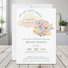 Watercolor Elephant Airplane Boy Invitation Einladung