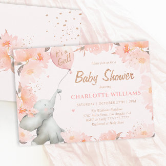Watercolor Elephant Floral Gold Girl Baby Shower Einladung