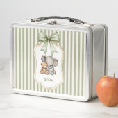 Watercolor Elephant Hugging Teddy Bear Green Bow Metall Brotdose (Beispiel)