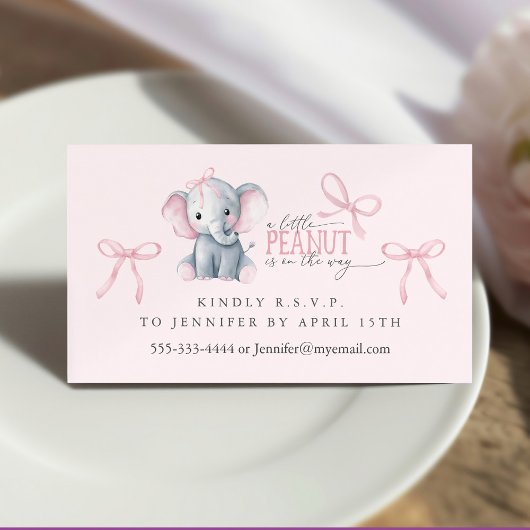 Watercolor Elephant Pink Bow RSVP Enclosure Card Visitenkarte