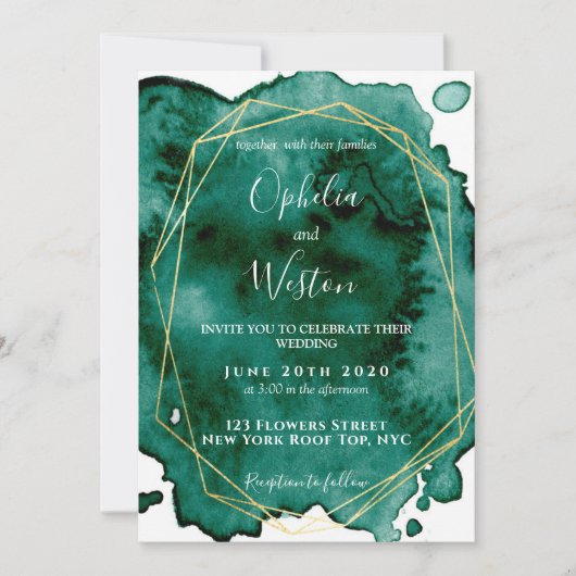 Watercolor Emerald Green Gold Frame Luxus Hochzeit Einladung (Vorderseite)