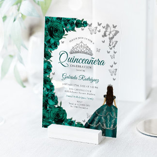 Watercolor Emerald Green Roses Silver Quinceanera Acryleinladungen