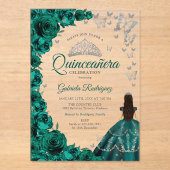 Watercolor Emerald Green Roses Silver Quinceanera Acryleinladungen (Vorderseite)