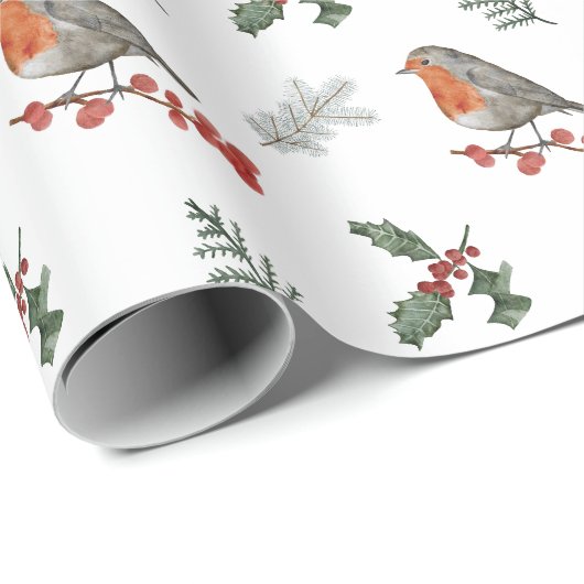 Watercolor Englisch Robin Christmas Weihnachtsgesc Geschenkpapier (Rolleneckpunkt)