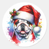 Watercolor English Bulldog in Weihnachtsmannmütze Runder Aufkleber (Vorderseite)