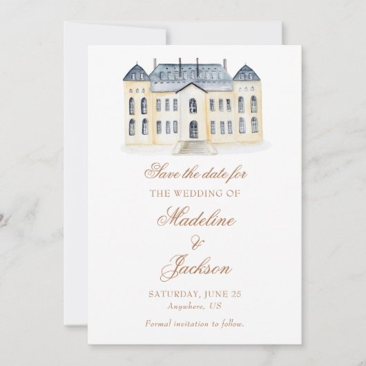 Watercolor English Manor Anwesen Wedding Save The Date (Vorderseite)