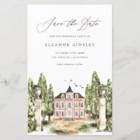 Watercolor English Manor Birthday Save the Date