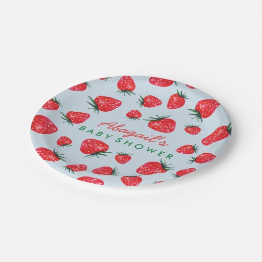 Watercolor-Erdbeerpersonalisierte Baby-Dusche Pappteller (Schrägansicht)