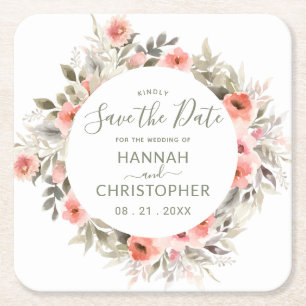 Watercolor erröten RoseWreath Save the Date Rechteckiger Pappuntersetzer
