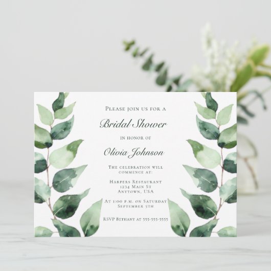 Watercolor Eucalyptus Bridal Shower | White Einladung (Stehend Vorderseite)