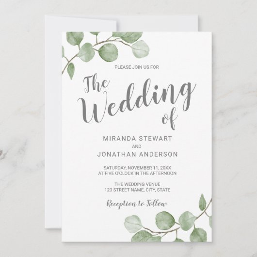Watercolor Eucalyptus Greenery Wedding Einladung (Vorderseite)