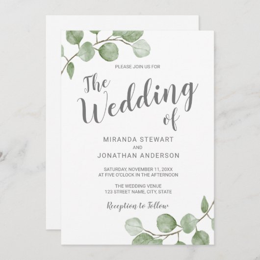 Watercolor Eucalyptus Greenery Wedding Einladung (Vorne/Hinten)