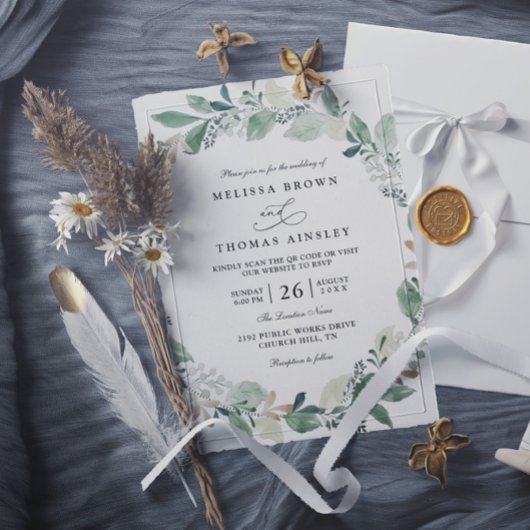 Watercolor Eucalyptus Leaves Chic QR Code Wedding Einladung