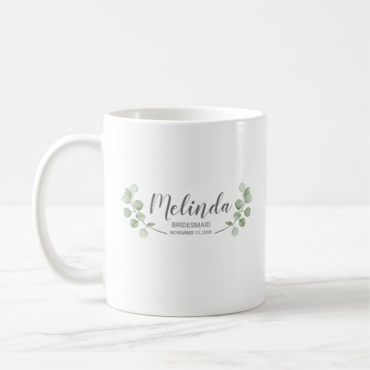 Watercolor Eucalyptus Personalized Bridesmaid Name Kaffeetasse (Links)