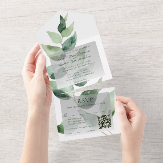 Watercolor Eucalyptus Wedding | White All In One Einladung (Abreißen)