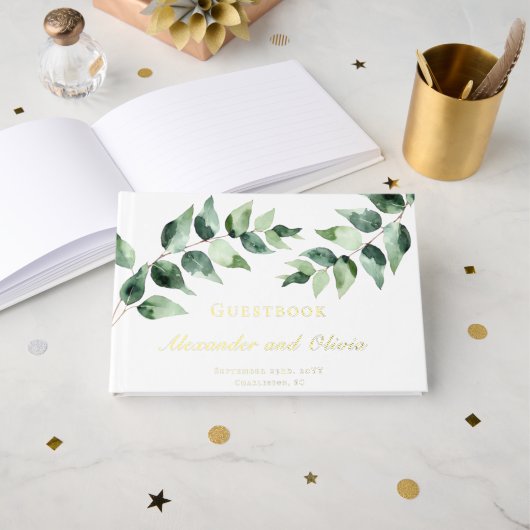 Watercolor Eucalyptus Wedding | White Gästebuch (Vorderseite Offen)