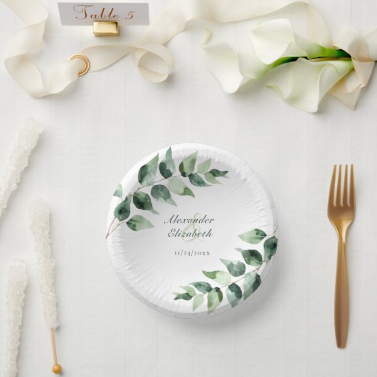 Watercolor Eucalyptus Wedding | White Pappteller (Hochzeit)