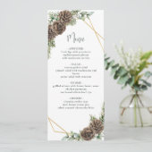 Watercolor Evergreen Pine Cone Winter Wedding Menu Einladung (Stehend Vorderseite)