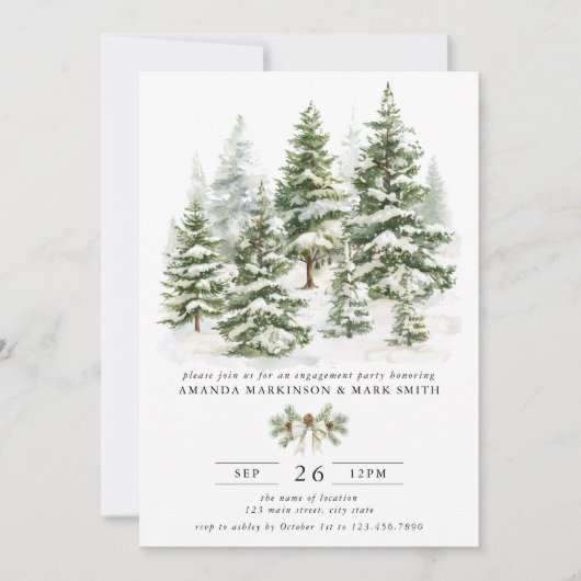 Watercolor Evergreen Winter Engagement Party Einladung (Vorderseite)