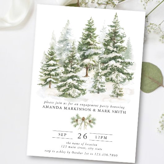 Watercolor Evergreen Winter Engagement Party Einladung