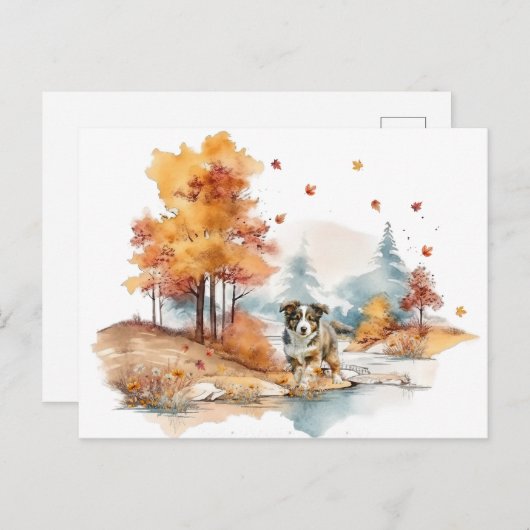 Watercolor Fall Dog Design - Australian Shepherd Postkarte (Vorne/Hinten)