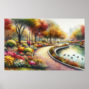 Watercolor Fall Park Scene Poster