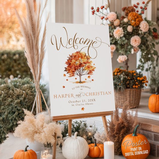 Watercolor Fall Tree Calligraphy Wedding Welcome Poster