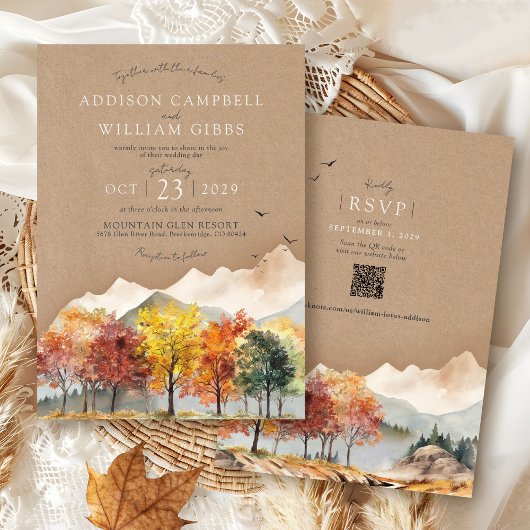 Watercolor Fall Tree Mountain Rustic Kraft Wedding Einladung