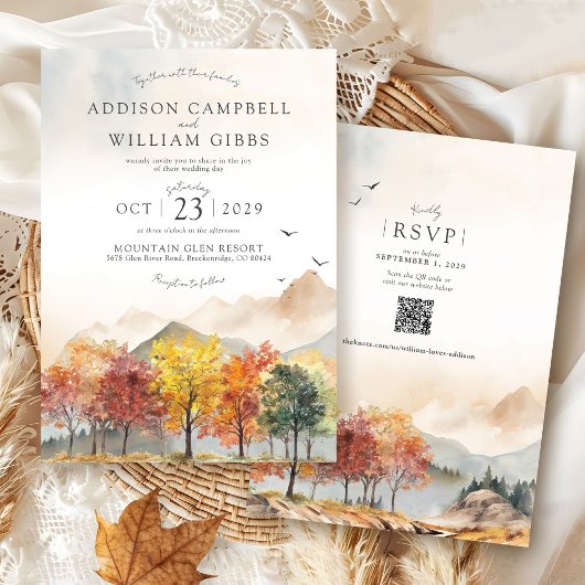 Watercolor Fall Trees Mountain Autumn Boho Wedding Einladung