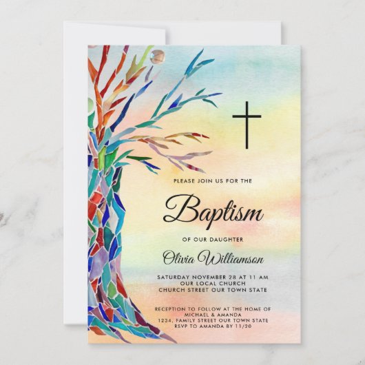 Watercolor Family Tree Taufen Christening Einladung (Vorderseite)