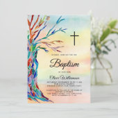 Watercolor Family Tree Taufen Christening Einladung (Stehend Vorderseite)