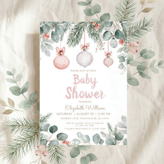 Watercolor fancy floral bow pink baby shower einladung