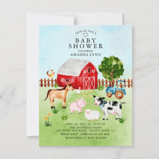 Watercolor Farm Animals Baby Shower Invitation Einladung (Vorderseite)