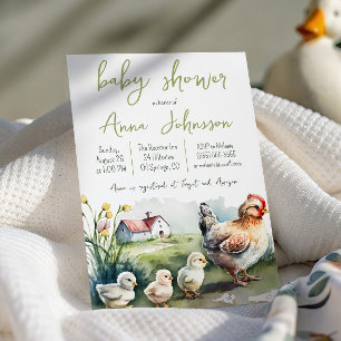 Watercolor-Farm-Henne mit Küken Baby-Party Einladung