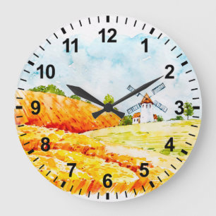Watercolor Farm Windmühle Wall Clock Große Wanduhr