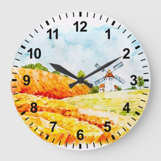 Watercolor Farm Windmühle Wall Clock Große Wanduhr (Vorderseite)