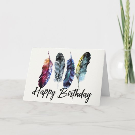 Watercolor Feathers Boho Happy Birthday Karte (Vorderseite)