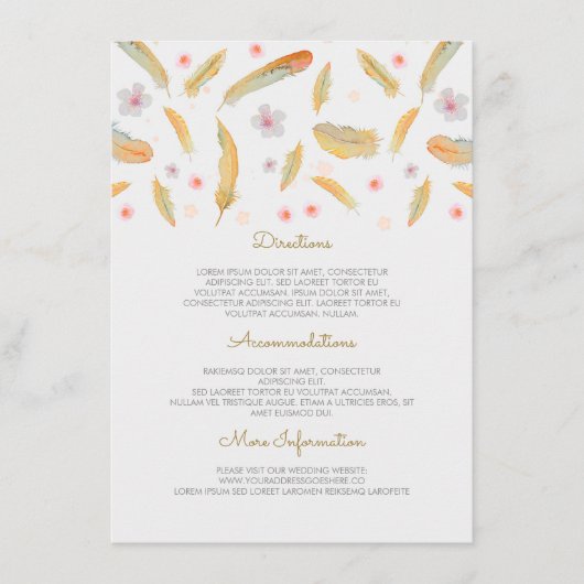 Watercolor Feathers Boho Hochzeitsinformationen Begleitkarte (Vorderseite)