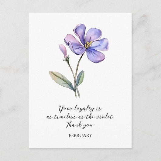 WATERCOLOR FEBRUARY VIOLET GEBURT BLUME DANKEN POSTKARTE (Vorderseite)