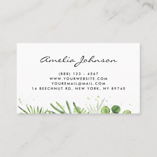 Watercolor Ferns and Eucalyptus Pattern Script Visitenkarte (Rückseite)