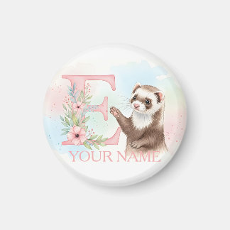 Watercolor Ferret with Floral Letter E Monogram Magnet