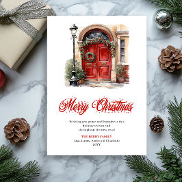 Watercolor festive red Christmas door greeting Feiertagskarte