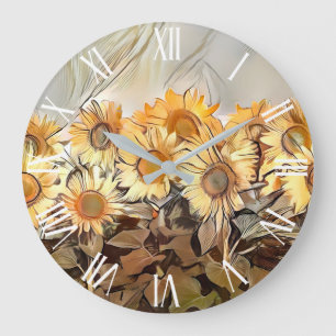 Watercolor Field Of Sunflowers Elegant Collection Große Wanduhr