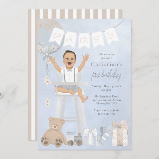 Watercolor First Birthday Baby auf dem Highstuhl Einladung (Vorne/Hinten)