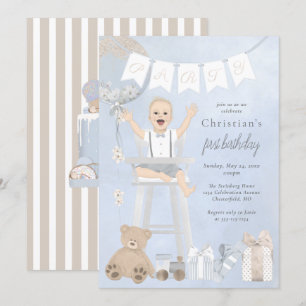 Watercolor First Birthday Baby auf dem Highstuhl Einladung