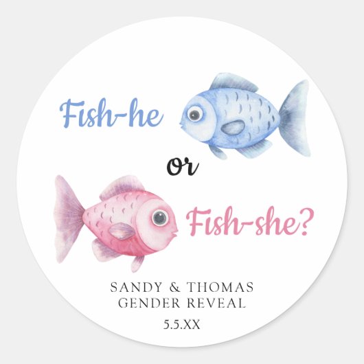 Watercolor Fishing Gender Reveal Runder Aufkleber (Vorderseite)