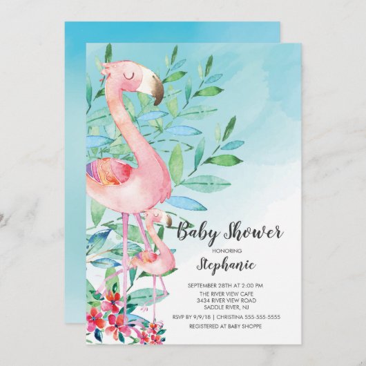 Watercolor Flamingo Baby Dusche Einladung (Vorne/Hinten)