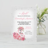 Watercolor Flamingo Ballerina Silver Baby Dusche Einladung (Stehend Vorderseite)