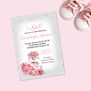 Watercolor Flamingo Ballerina Silver Baby Dusche Einladung